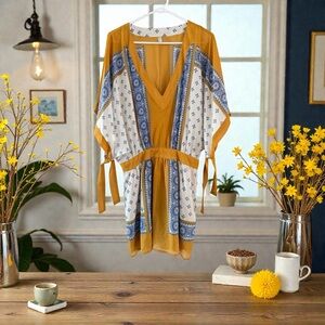 Mustard & Blue Mediterranean Tile Print Boho Mini Dress   M Free People